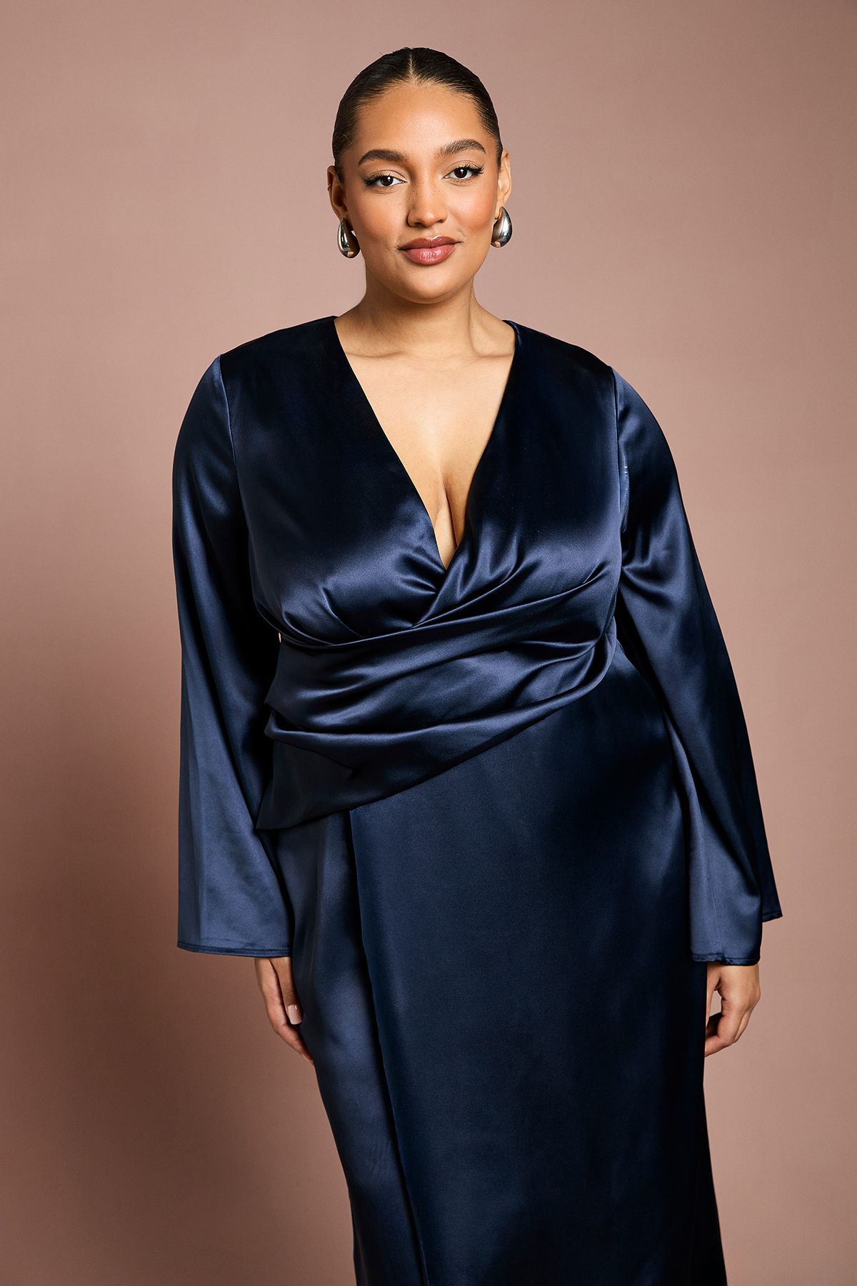 Coast Plus Satin Wrap Front Dress With Flare Sleeve