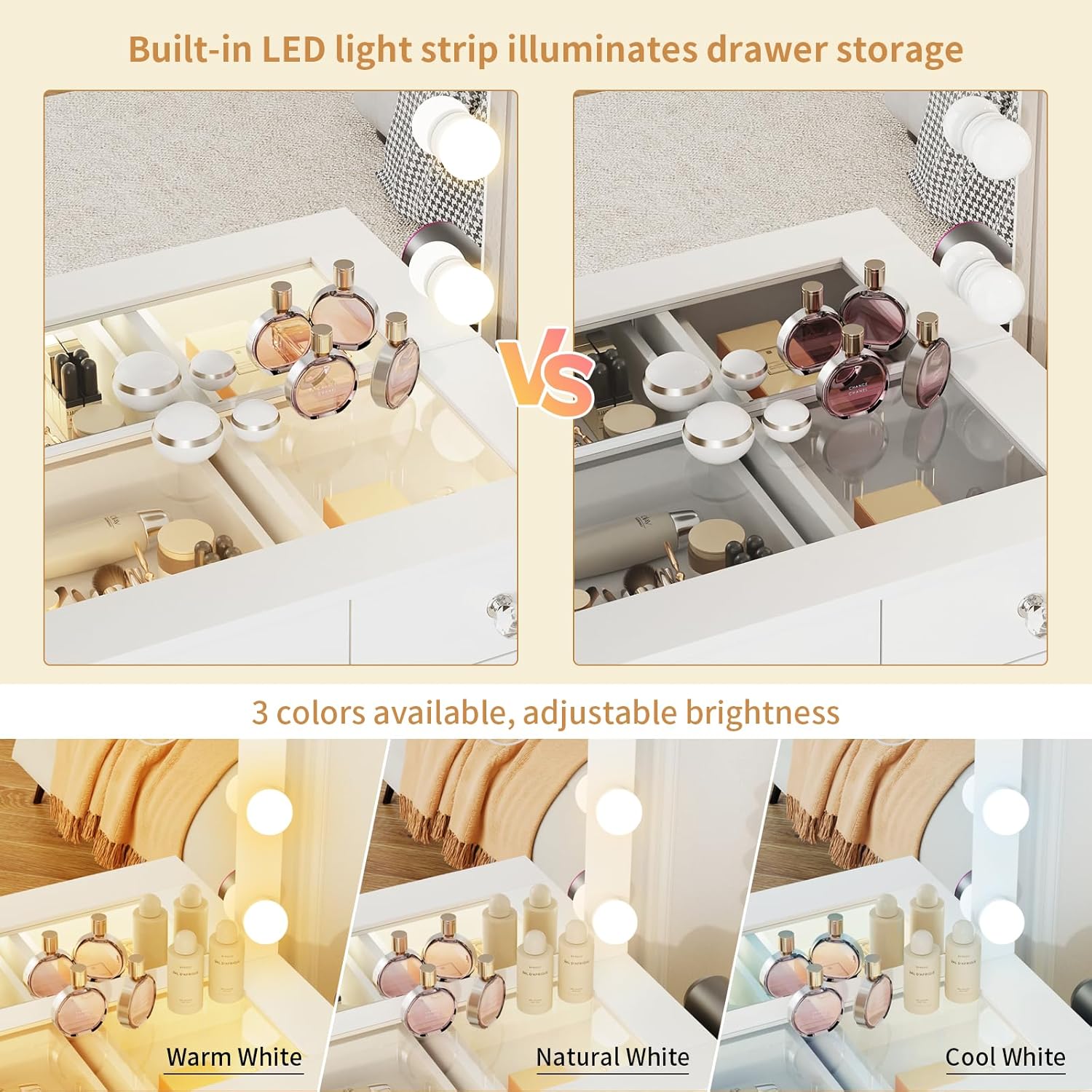 VOWNER Vanity with Lighted Mirror - Glass Top Makeup Vanity Desk with Lights and 11 Drawers, 3 Color Lighting Modes Adjustable Brightness, 46 Makeup Desk with Soft Cushioned Stool for Bedroom, White