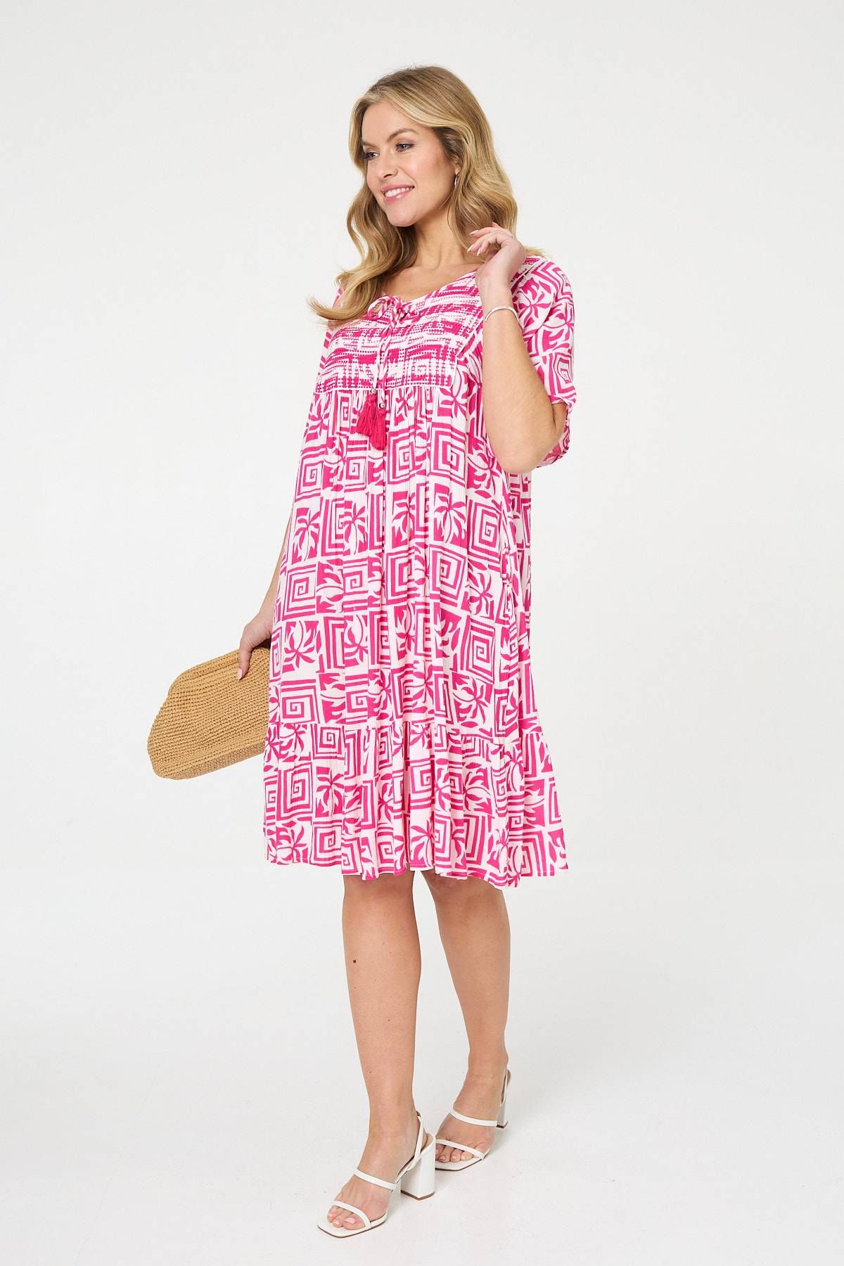 Izabel London Printed Tassel Neck Knee Length Dress