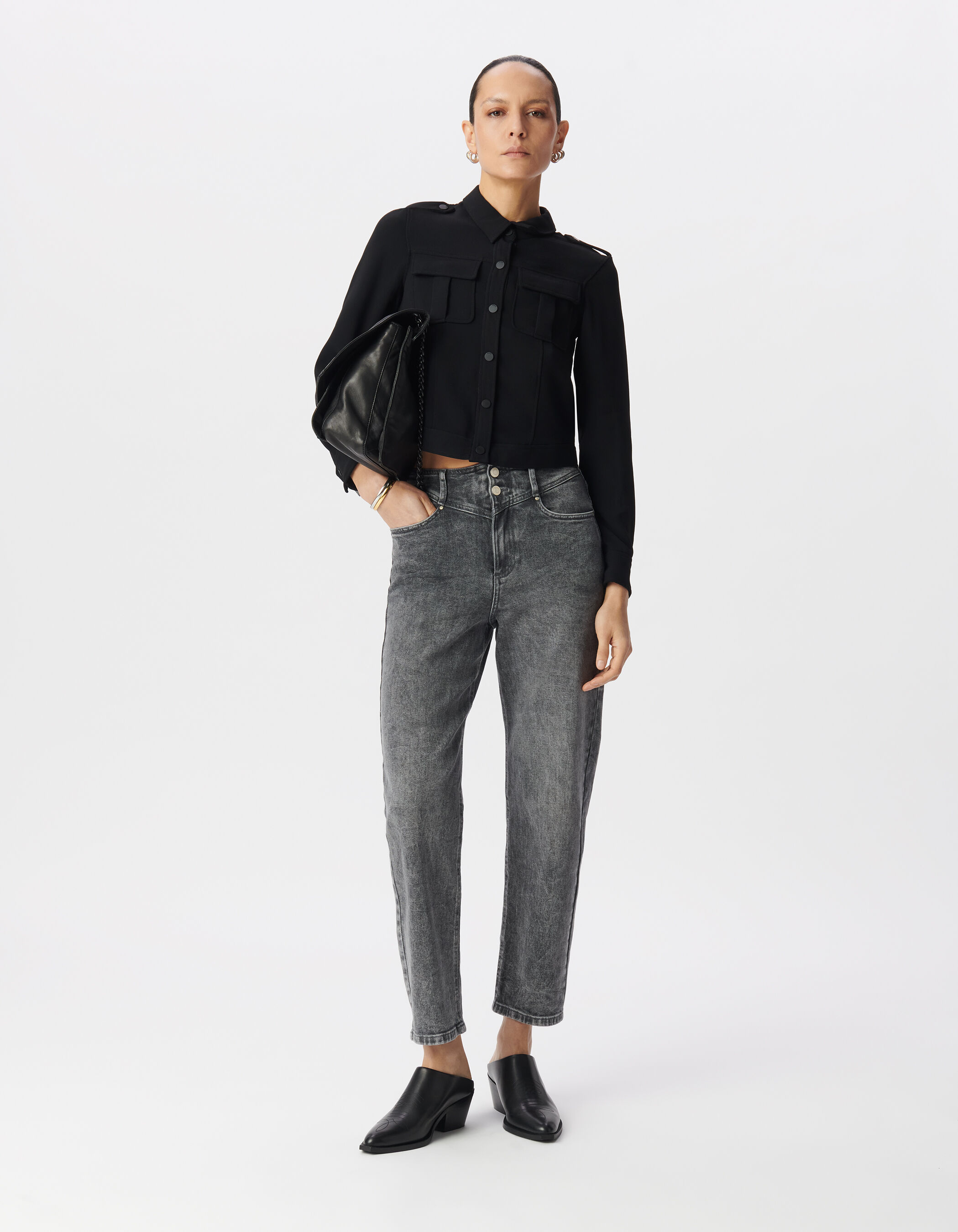 Jean slouchy en coton BCI gris longueur cropped femme