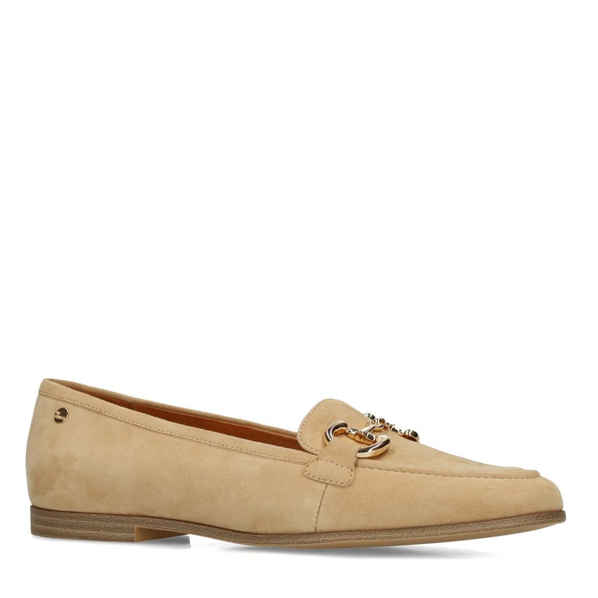 No Stress Beige suède loafers met gouden chain