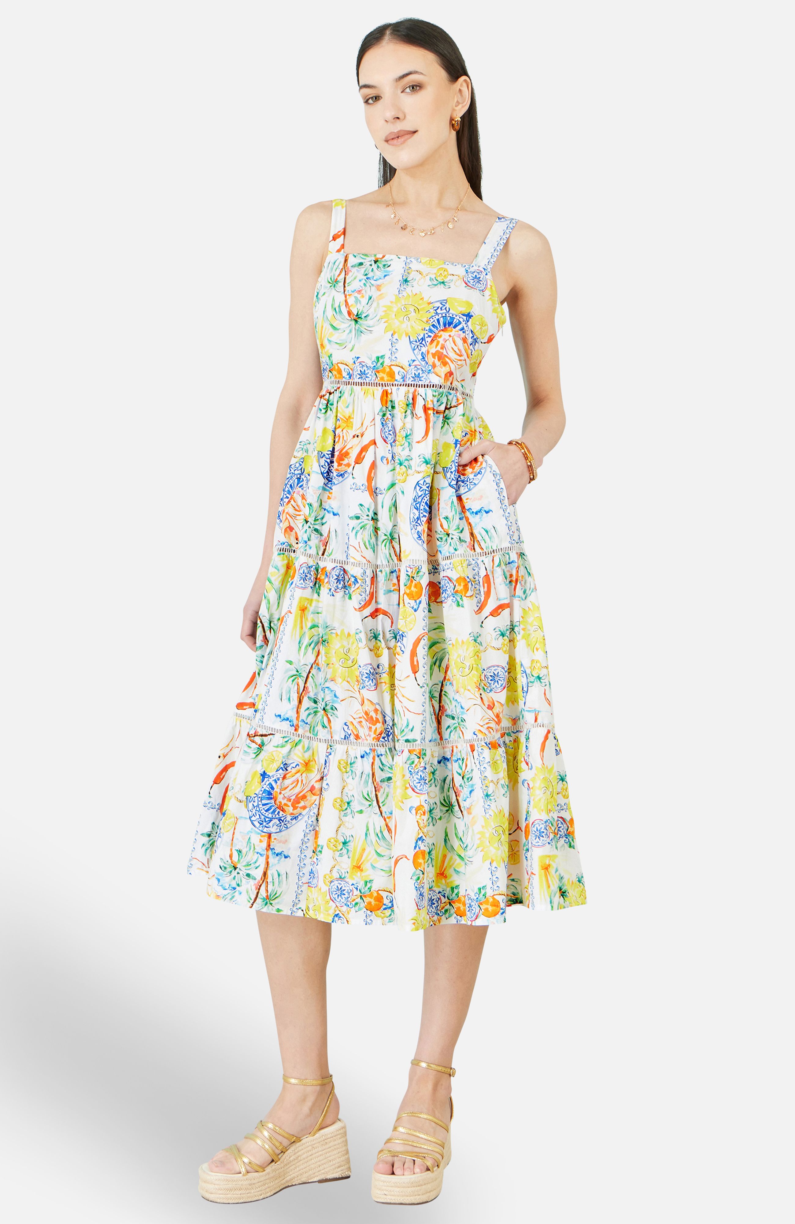 Yumi White Mediterranean Print Cotton Midi Sun Dress