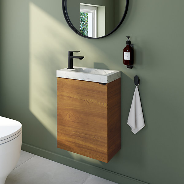 Meuble lave-mains effet noyer l.44 cm Imandra   plan vasque effet marbre blanc, GoodHome