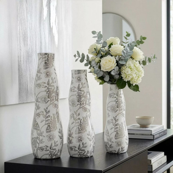 Wazon ceramiczny RITA biało-srebrny w kwiaty 25 cm 9 cm