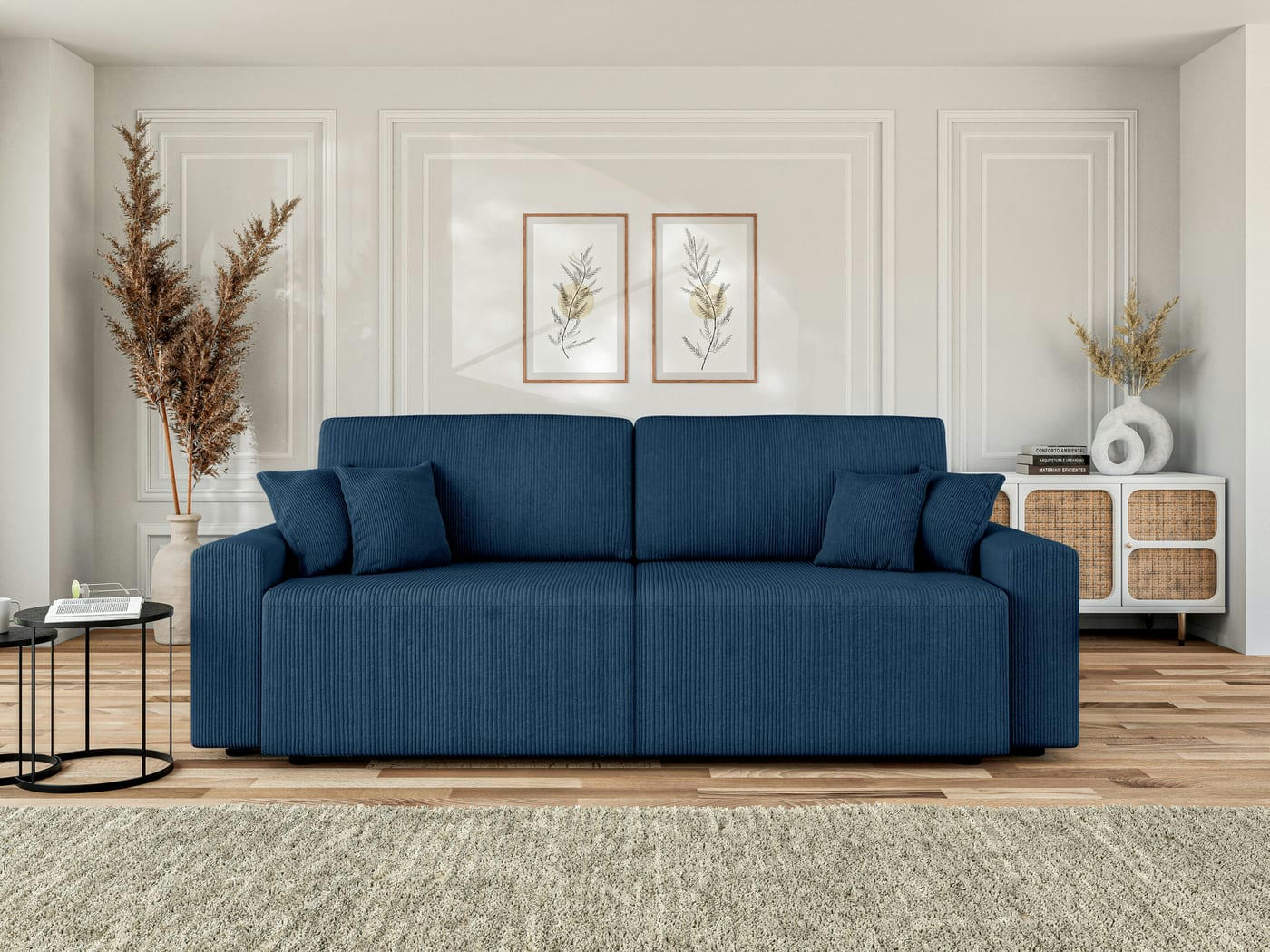 MILO - Canapé droit convertible en velours côtelé 3 places bleu cobalt