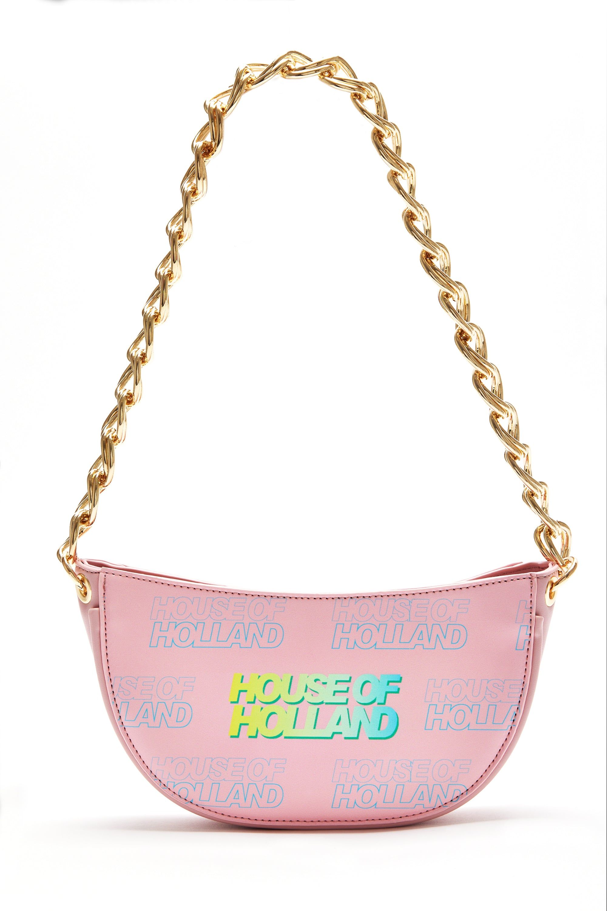 House of Holland Shoulder Bag In Baby Pink With A Gold Chain Strap And Printed Logo