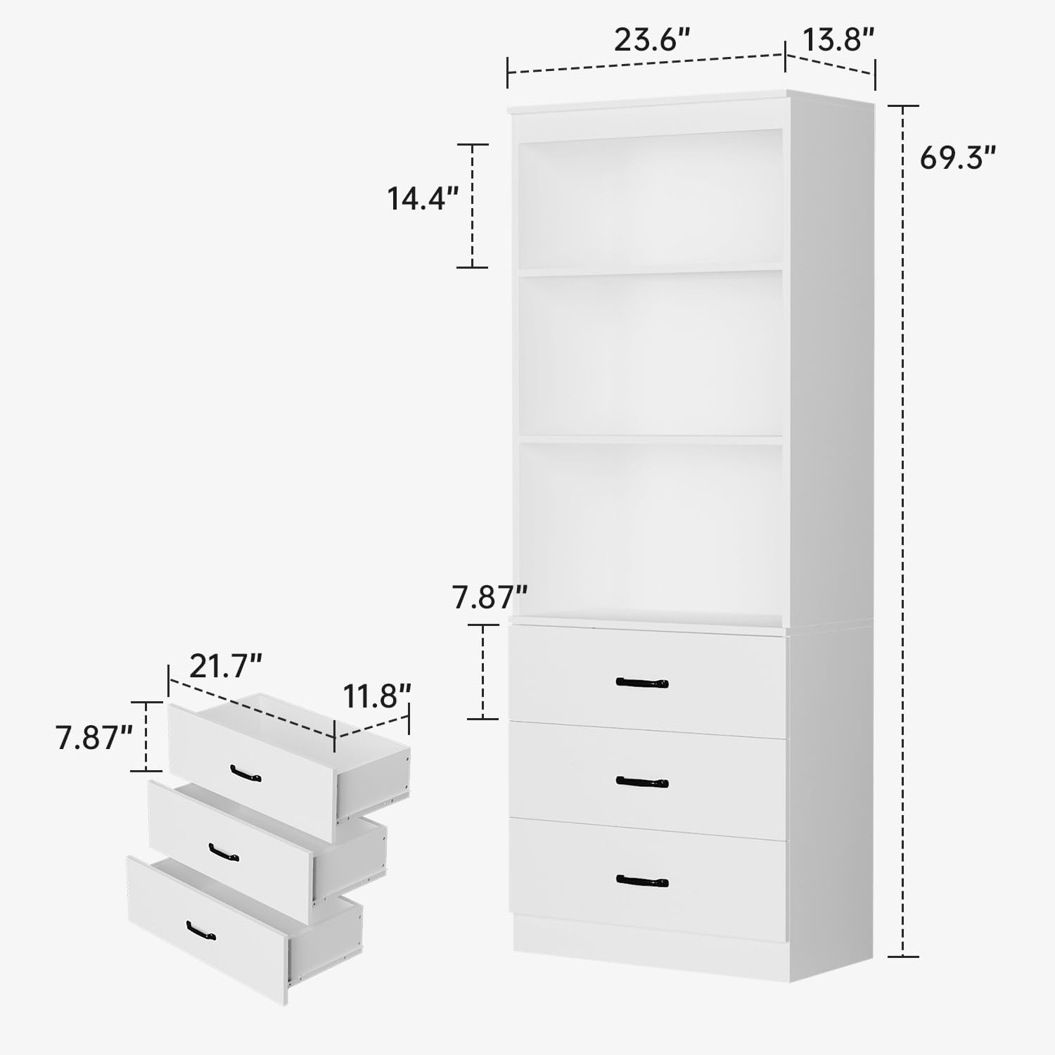 70 H Bookshelf with Drawers, Tall Bookcase with 3-Tier Open Shelves, Bookshelf and Bookcase with Storage Cabinet for Home Office,Living Room(White, 6-Tier)