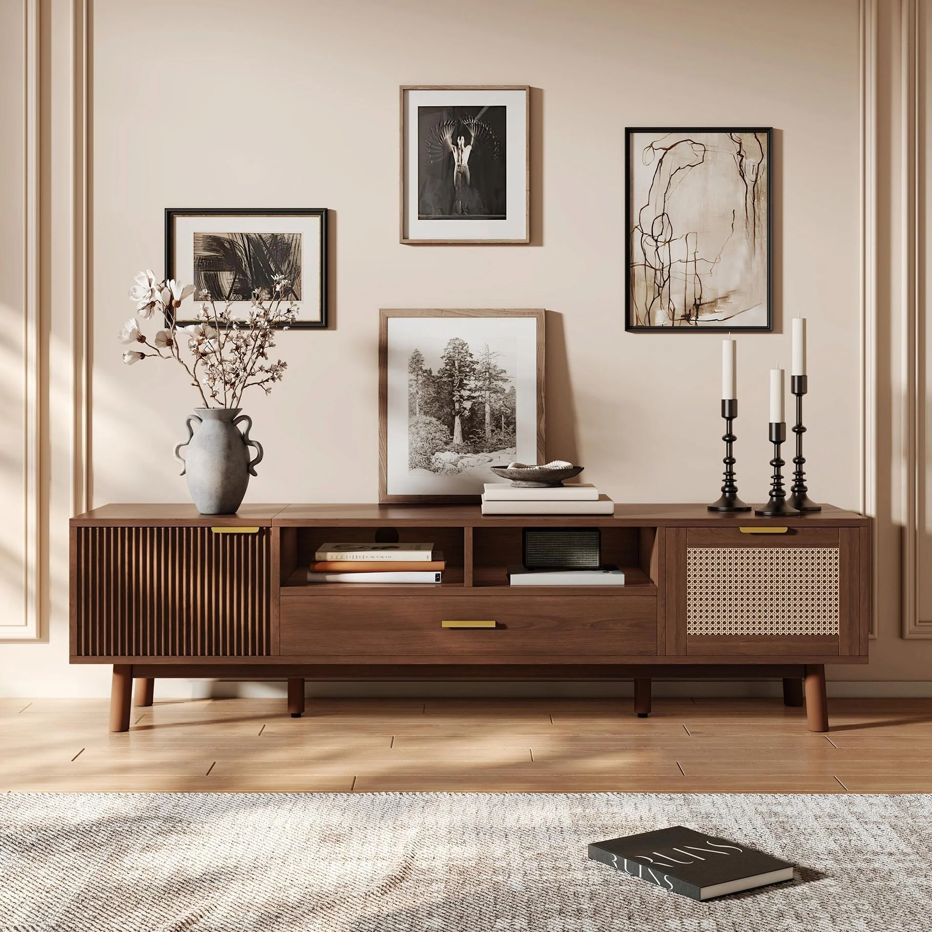 75 Wood TV Stand with Soft-Close Doors & Rattan Drawers