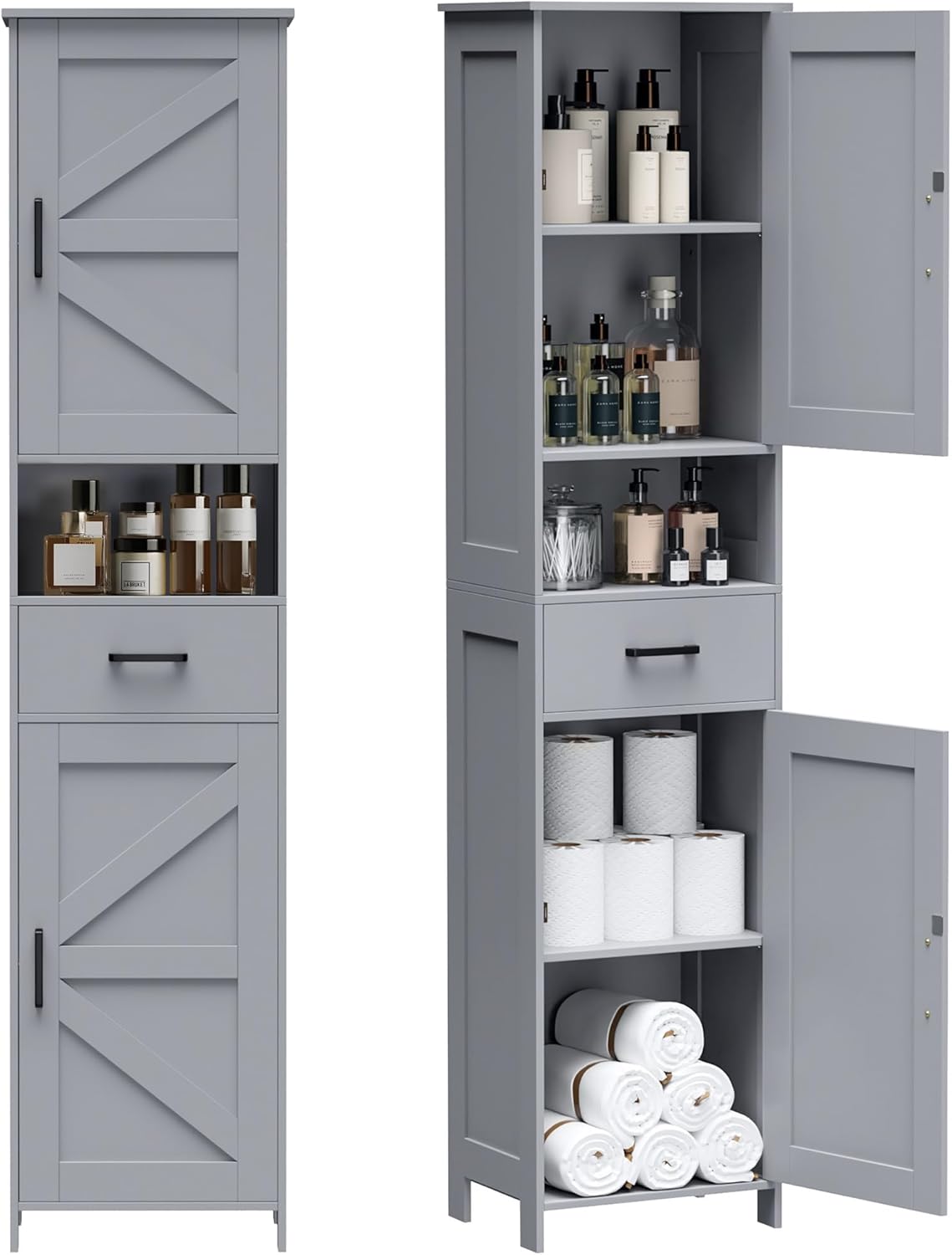 Homhedy 67 H Tall Bathroom Storage Cabinet with 2 Barn Doors and 1 Drawer, Narrow Storage Unit, Adjustable Shelves, Floor Cabinet for Bathroom, Living Room, Entryway, Kitchen, Gray, (15.7 W)