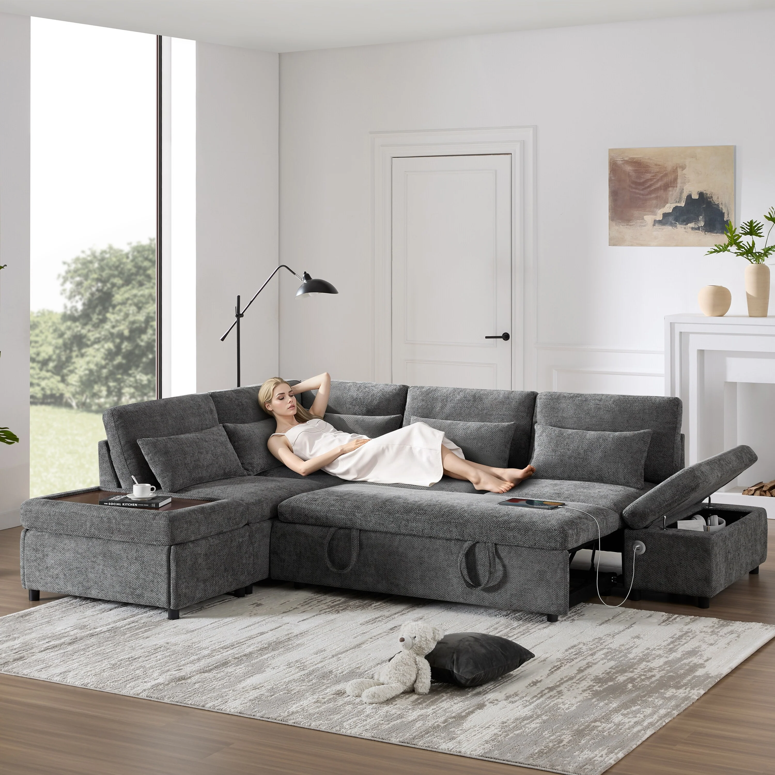 L shape Sectional with Pull-out Sleeper Sofa Bed and 2 Side Storage Ottomans, Oversized Chenille Modular Recliner Couches