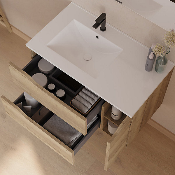 Meuble sous vasque seul, 2 tiroirs et 1 porte, 80cm, vasque déportée gauche - madera miel (bois clair) - ZARZA