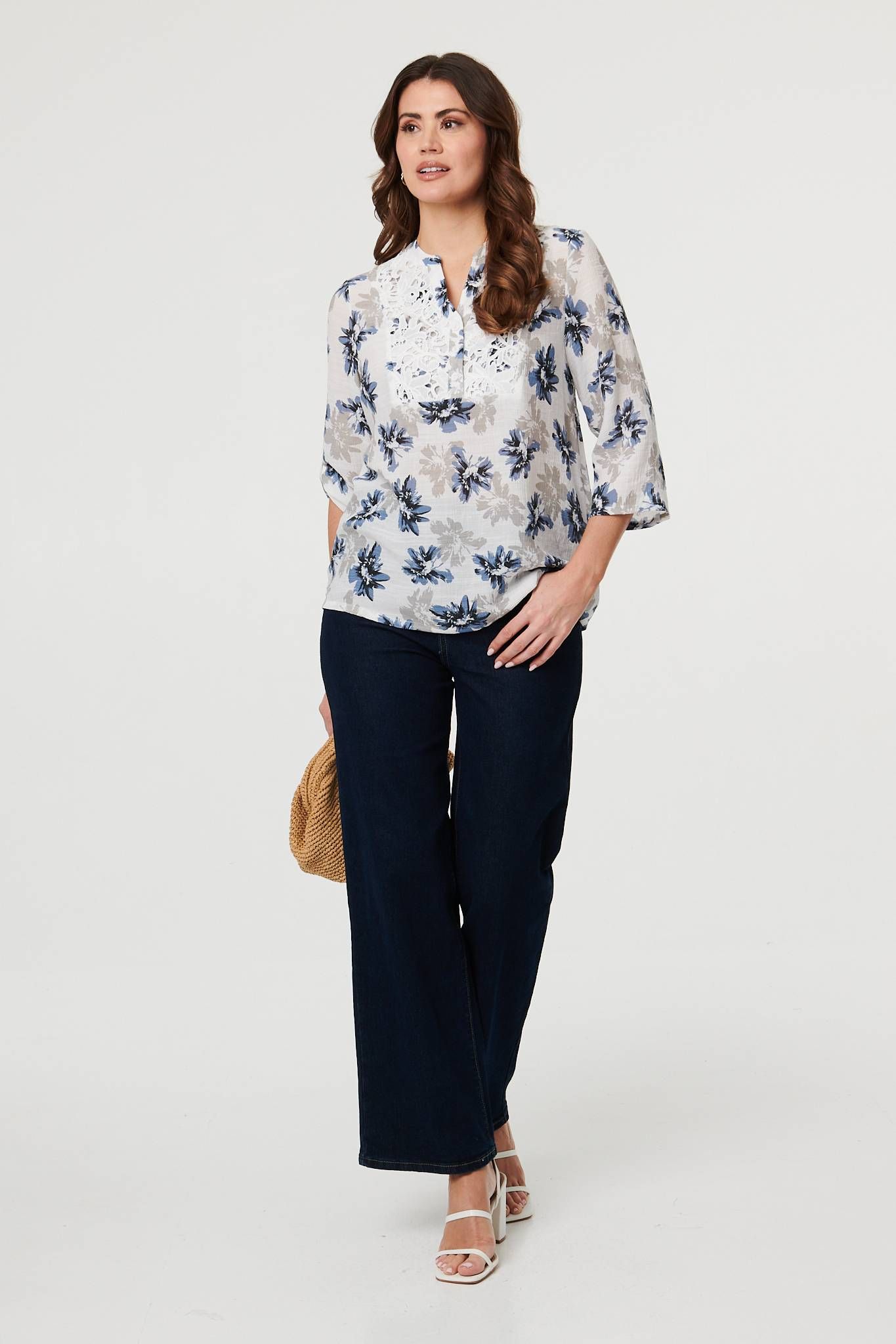 Izabel London Floral Lace Trim 3/4 Sleeve Blouse