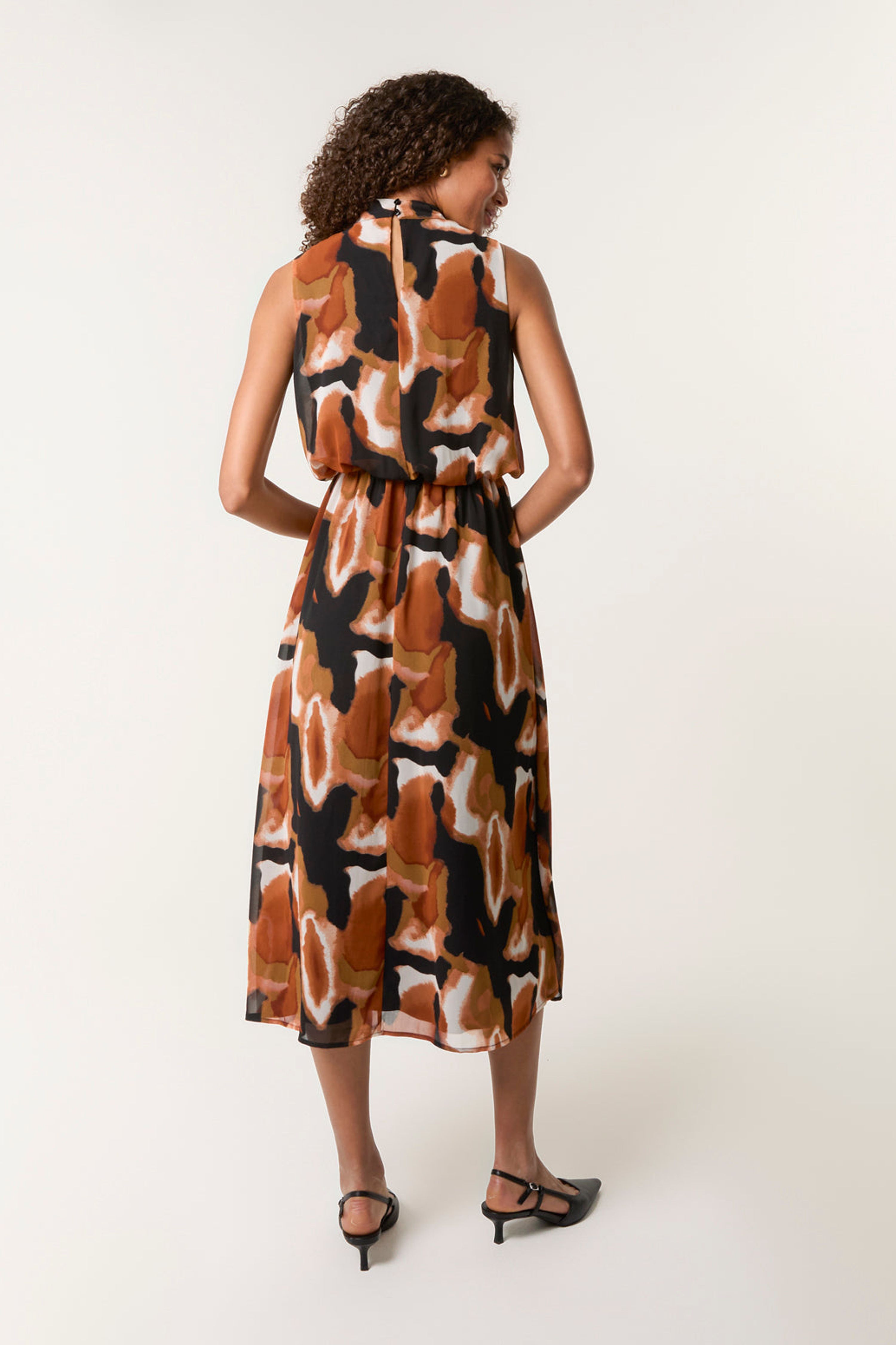 Blue Vanilla Burnt Orange Sleeveless Puffball High Neck Printed Dress