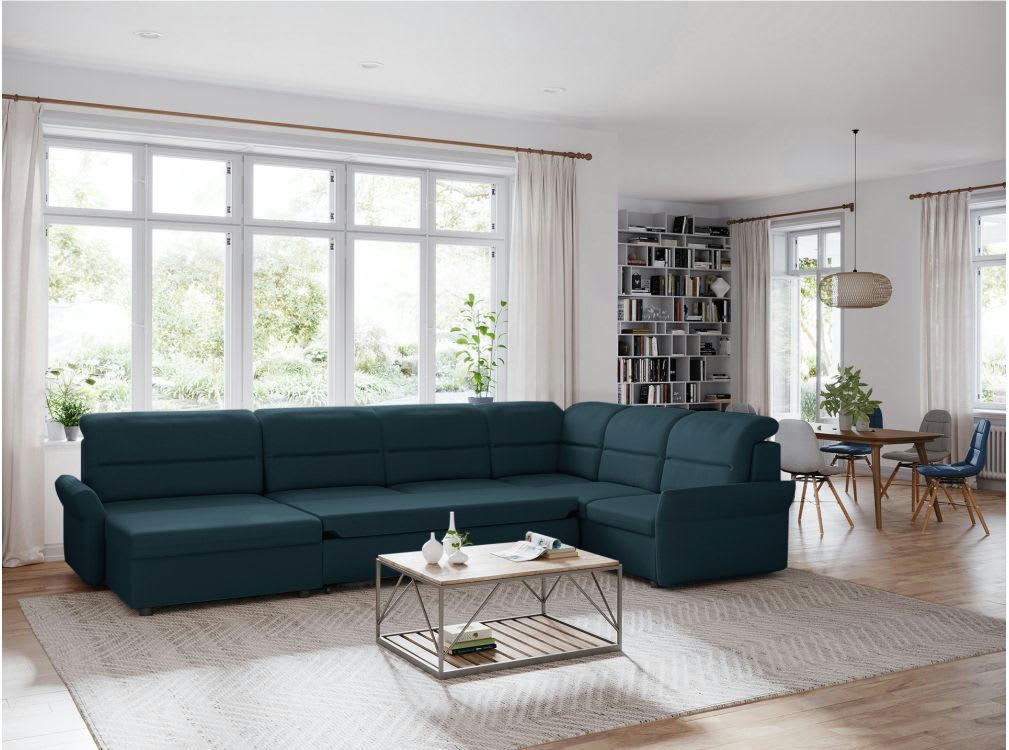 AMBRE - Canapé panoramique modulable convertible avec coffre -  Bleu
