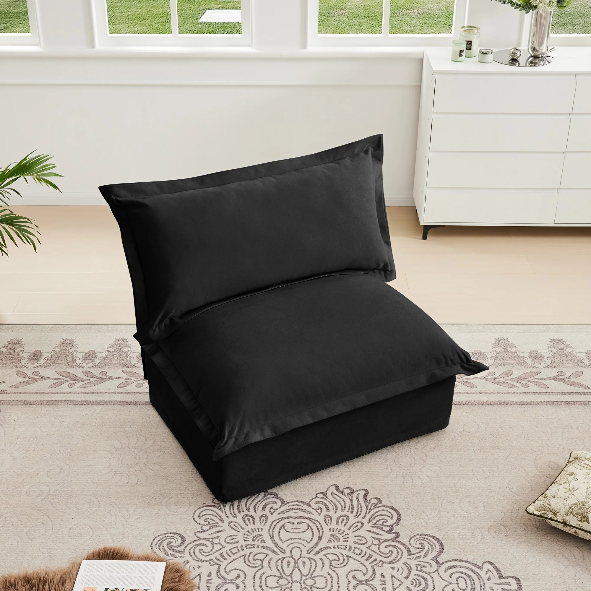 Black Chenille Armless Sofa 1 Seat Modern Removable Cover Sturdy Wood Frame 34.64 Inch Height