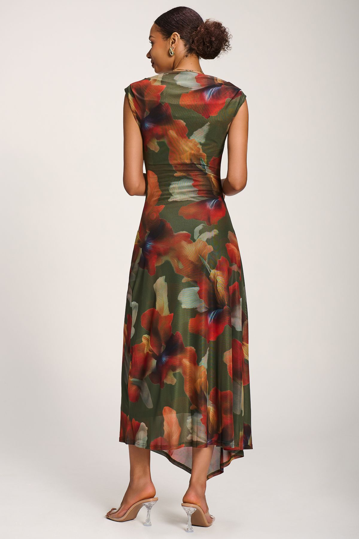 Jolie Moi Asymmetric Draped Mesh Maxi Dress