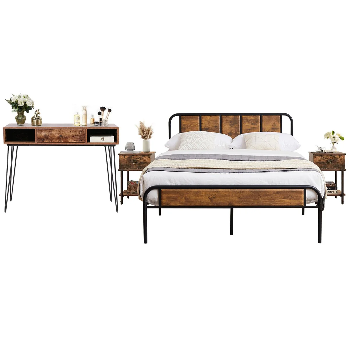 Industrial 4-pieces Bedroom Set Bed Frame Modern Nightstands Set of 2 and Makeup Desk