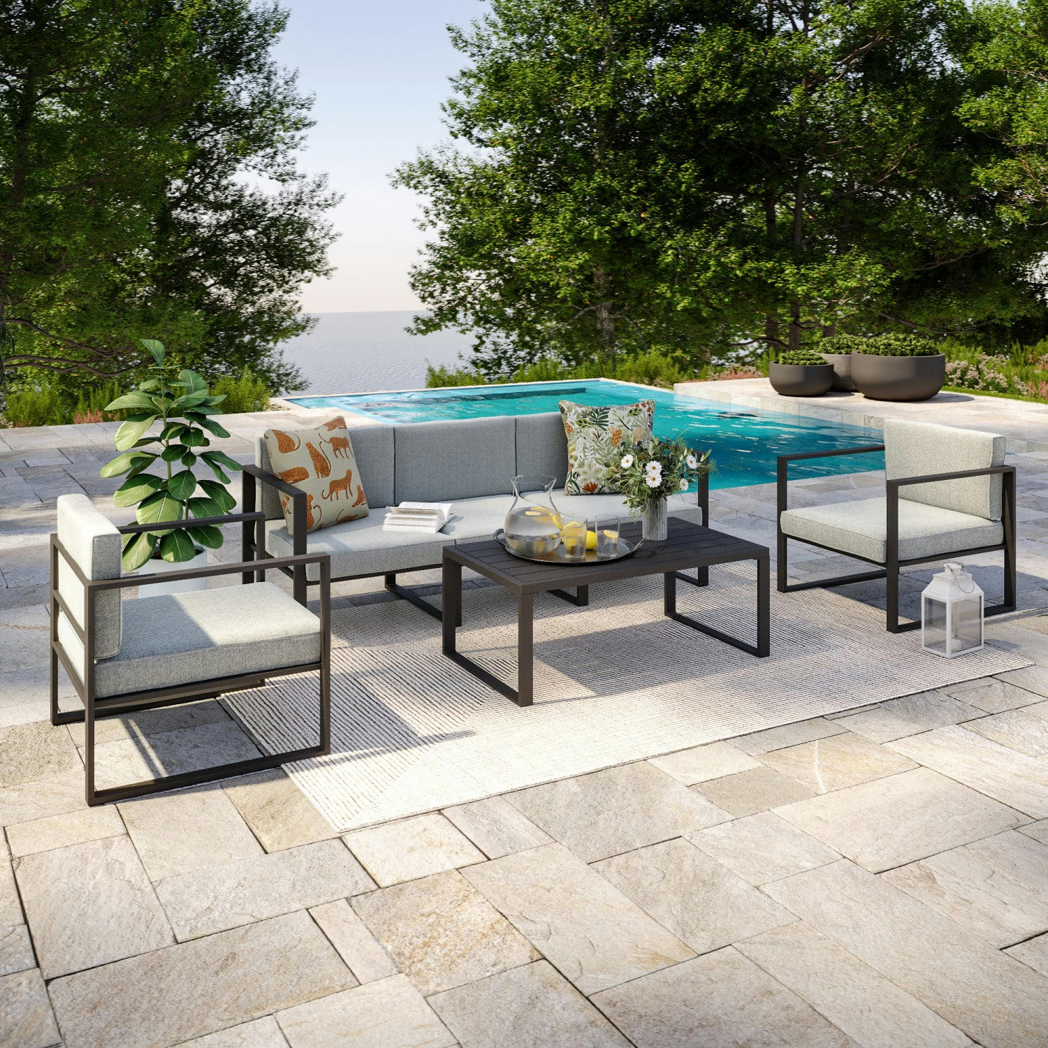 HONFLEUR - Salon de jardin design 5 places gris en aluminium anthracite