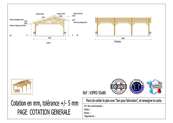 Carport 2 pentes faitage décalé, 550cm x 800cm,Pin DOUGLAS Français(Charpente en bois-auvent-abri voiture)44 m².Garantie 10 ans