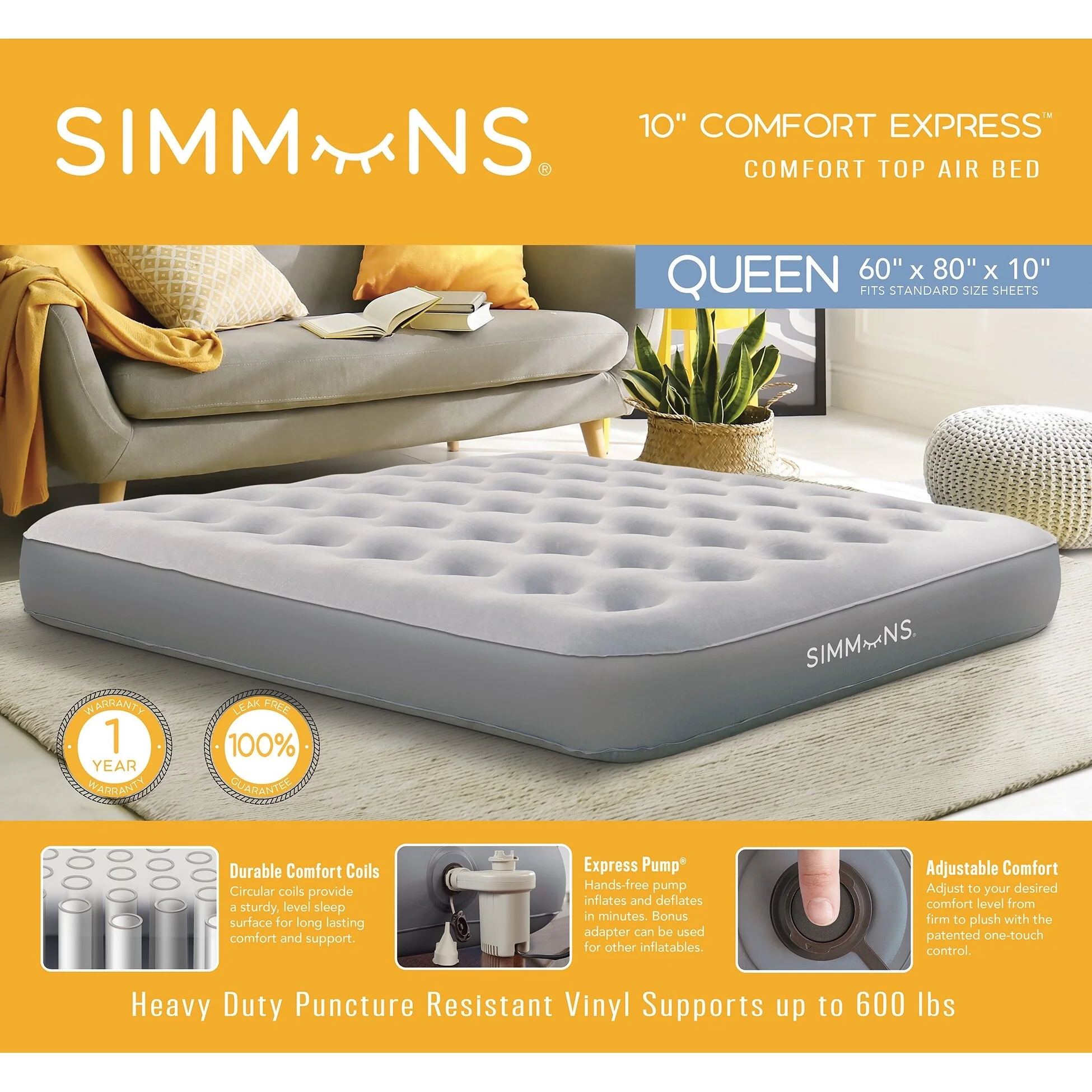 Simmons Comfort Express 10 Queen Size Air Mattress with Fast, Powerful Pump