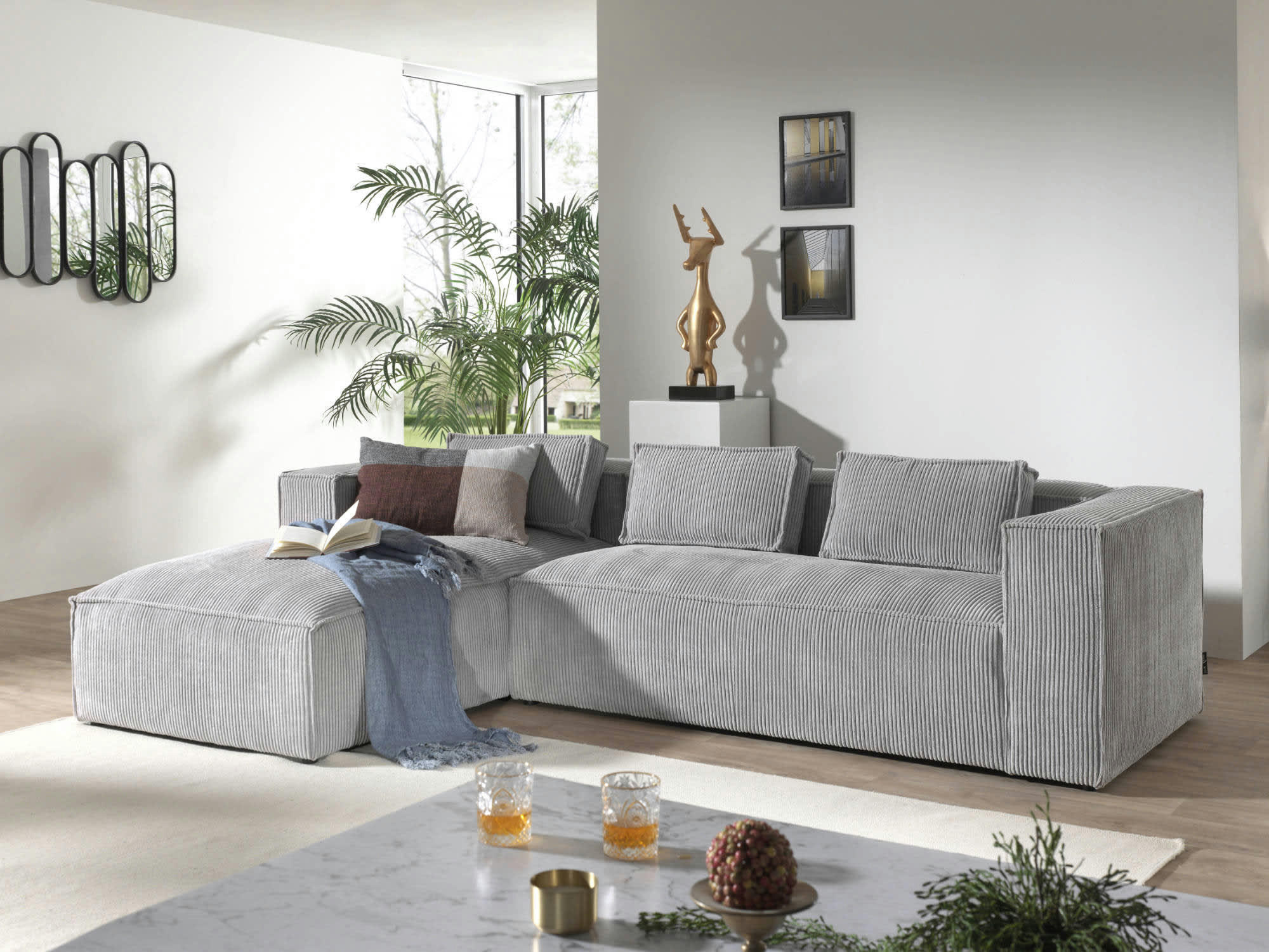 STELLA - Canapé d'angle gauche 4 places en velours côtelé gris clair