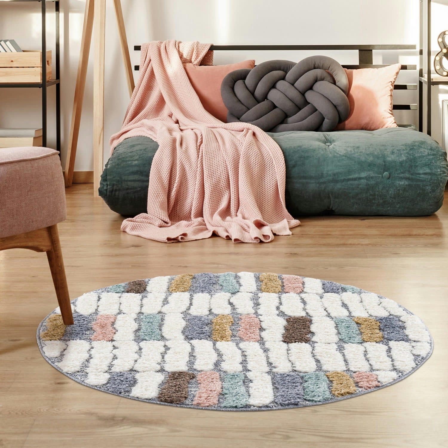 BÖHMEN - Tapis rond à poils longs et relief multicolore 200x200cm