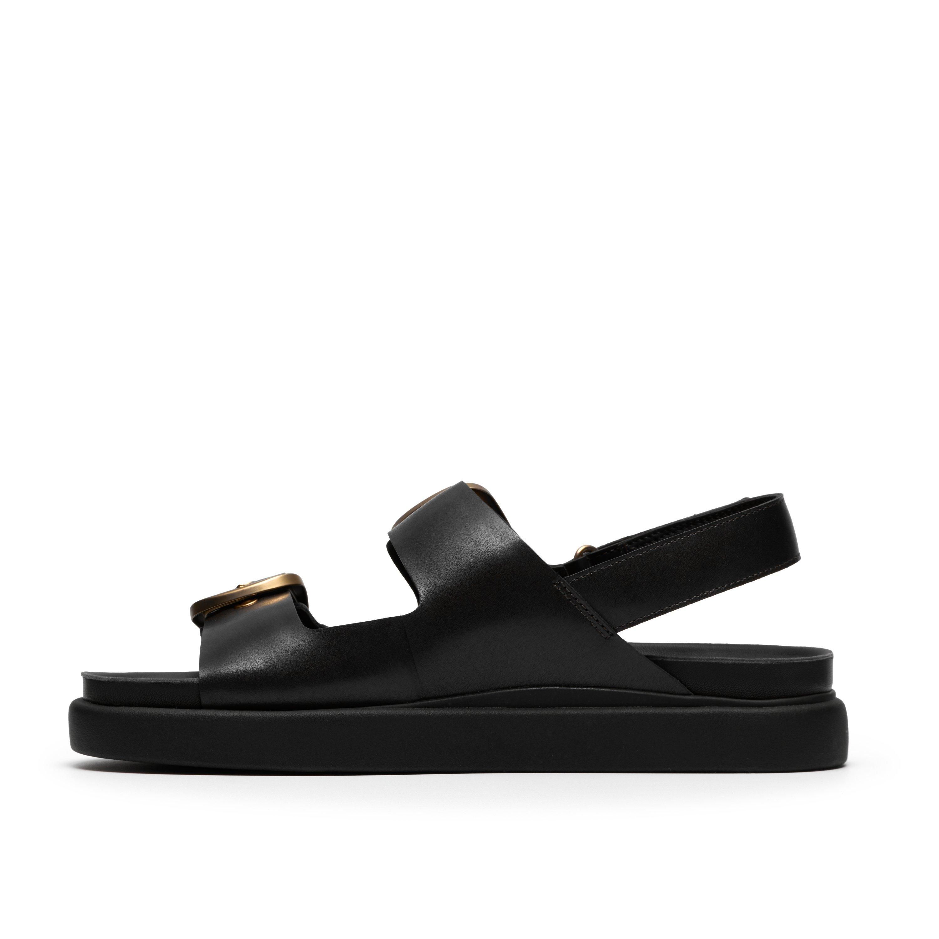 Clarks Aristella Bay Black Leather Flat Sandals