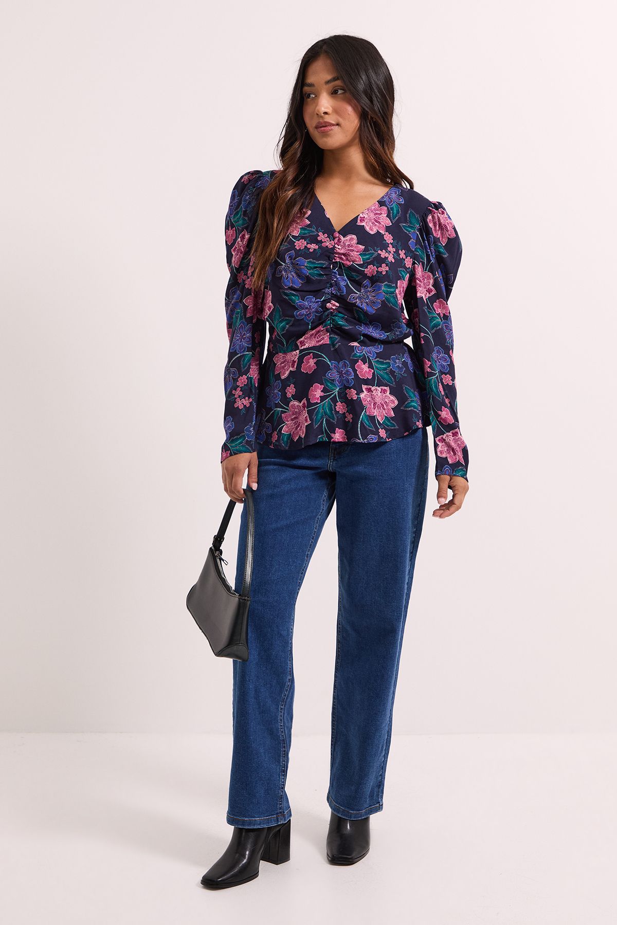 Dorothy Perkins Petite Blue Floral Button Detail Printed Peplum Blouse