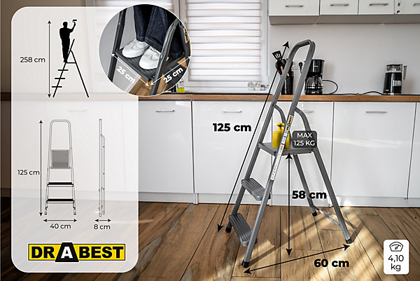 échelle domestique en acier à un côté, DRABEST, 3 marches, capacité de charge 125 kg, 1 pièce.