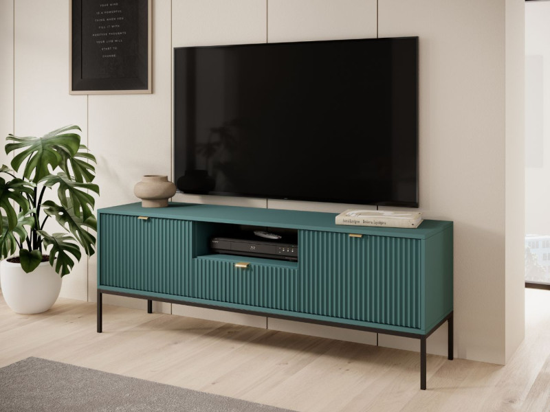 Szafka RTV AMBER 154 cm zielona z czarnymi metalowymi nogami