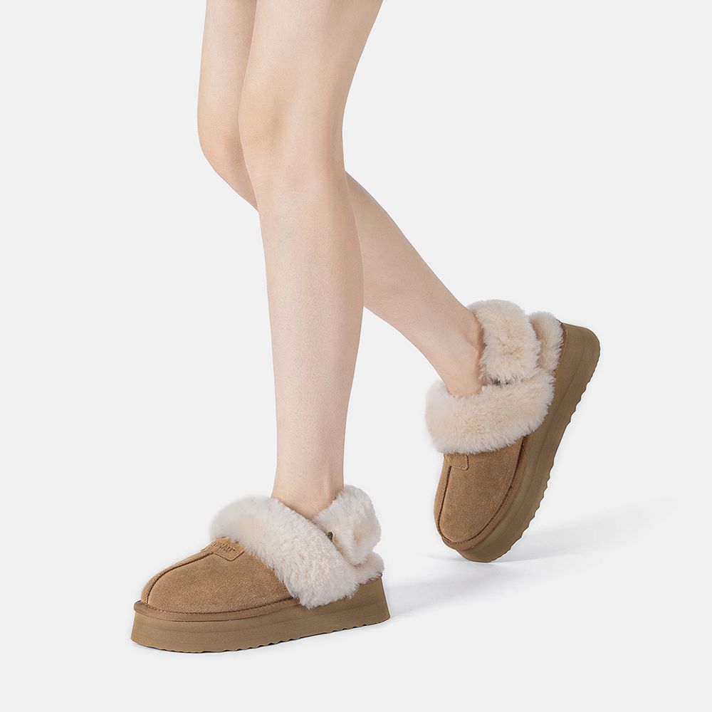 EverAu Australia Real Sheepskin Fantail Leather Platform Slippers With Two Removable Straps with EVA Sole