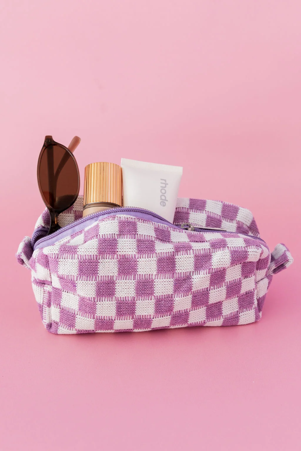 Knitted Checkerboard Cosmetics Bag in Lilac