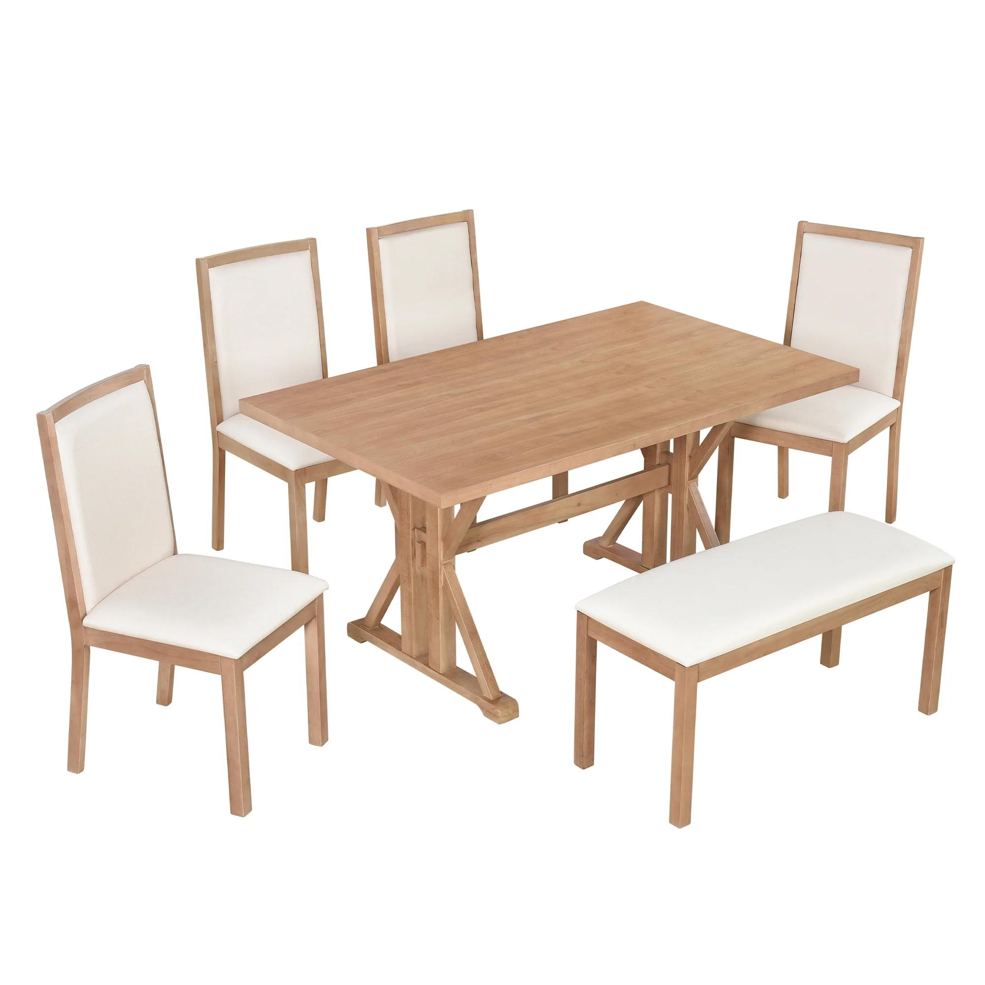 Classical 6-Piece Dining Table Set with Trestle Legs,Kitchen Table Set for 6 with 4 Upholstered Dining Chairs and Bench
