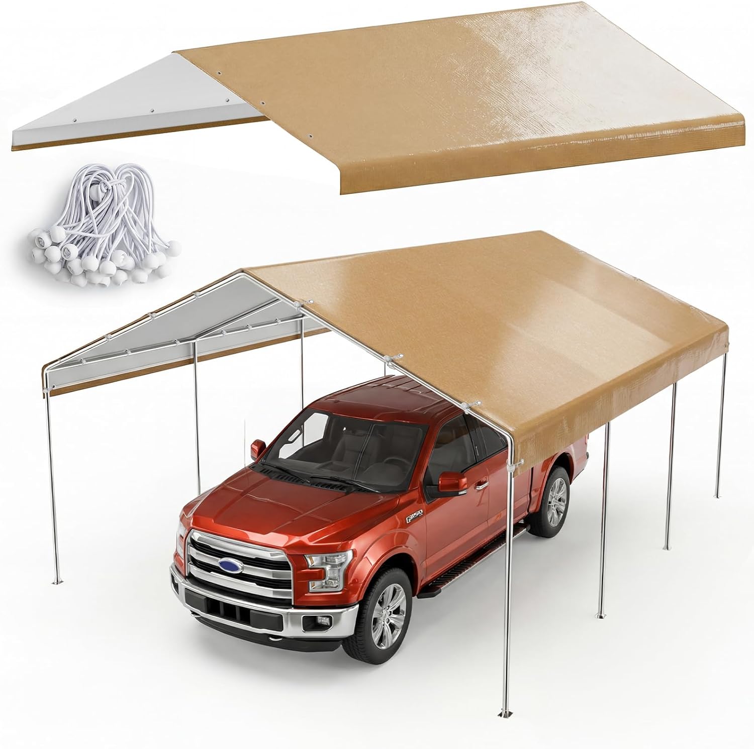 13x20 FT Carport Canopy Replacement Cover, Heavy Duty Car Garage Top Tent Shelter Tarp, Waterproof & UV Protected, Easy Installation with Ball Bungees, Beige (Frame Not Included)