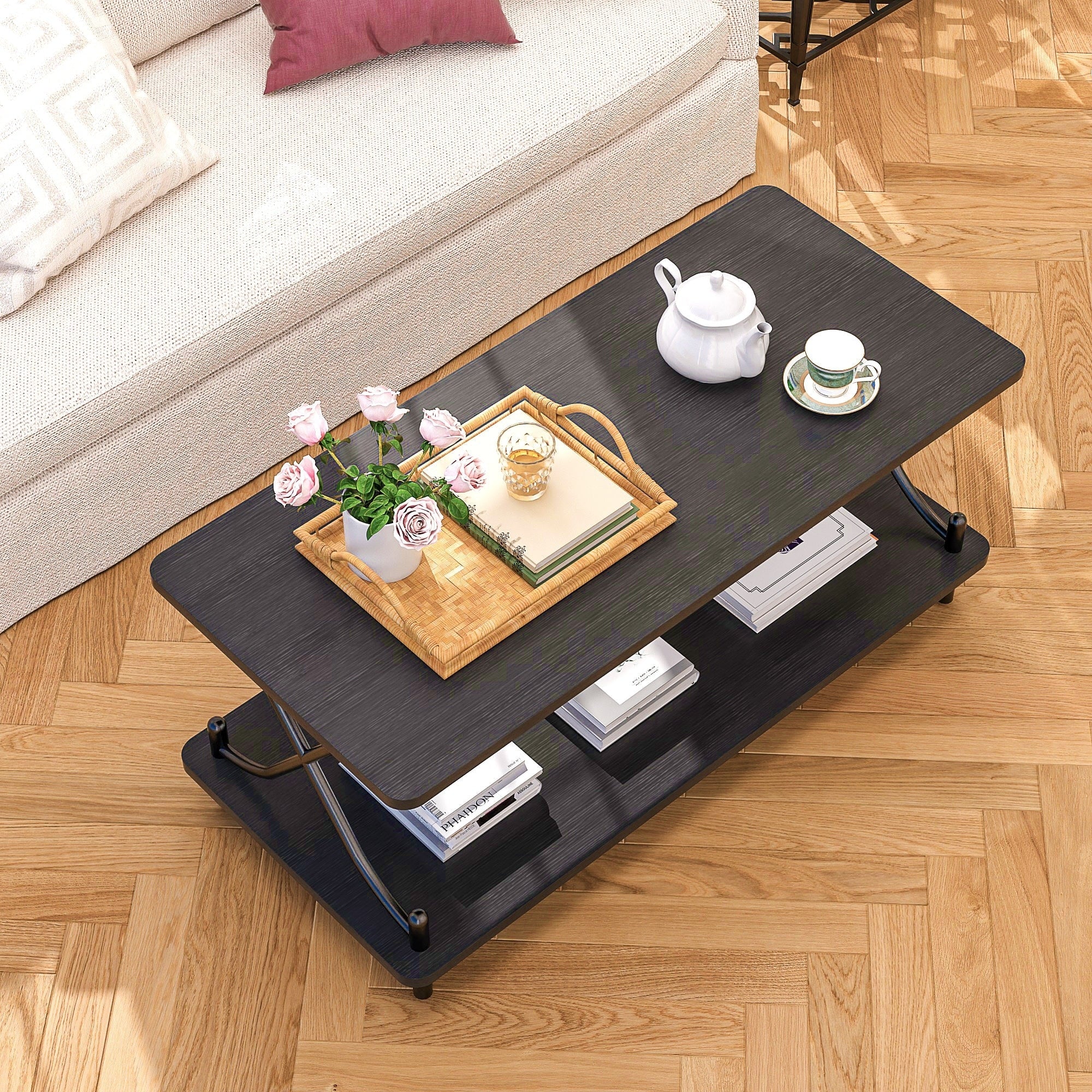 VECELO Coffee Table with Storage and Open Shelves for Living Dining Room 39-Inch, Modern Rectangle & Industrial Design