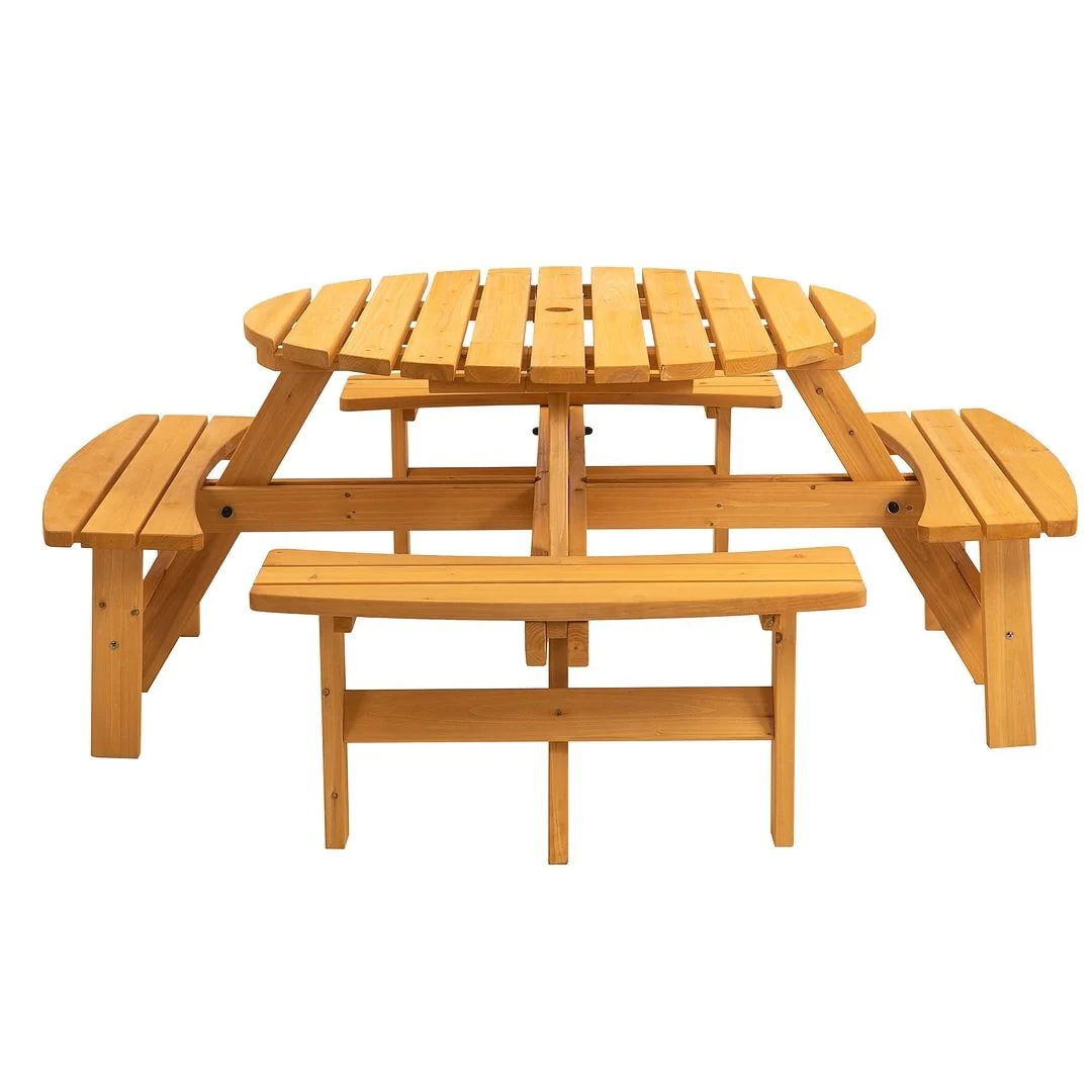 Wooden Outdoor Round Picnic Table w/ Built-in Bench Seats