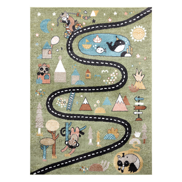 Dywan FUN Route dla dzieci, ulica, zwierzęta zielony 80x150 cm