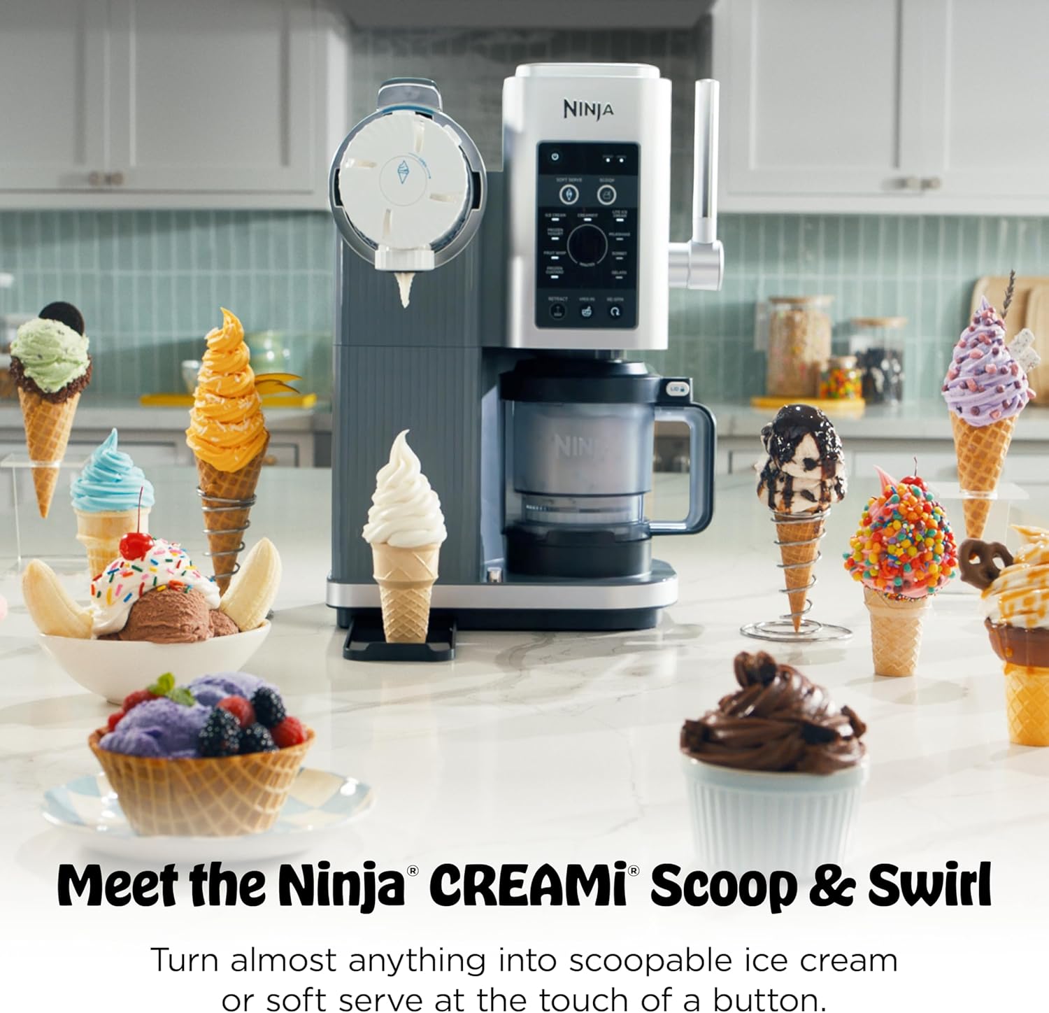 Ninja CREAMi Scoop & Swirl Ice Cream and Soft Serve Maker, Oprah's Favorite Things 2025, 13 Programs, Soft Serve Handle & (4) CREAMi 2-in-1 16oz Pints, Gift for Kids & ALL ages, NC701