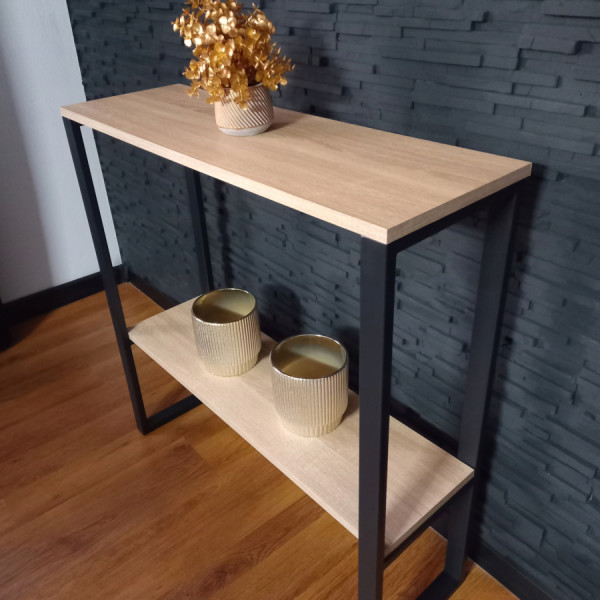 Konsola loft dąb sonoma 90x29x92cm 2 poziomy stolik pomocniczy metal