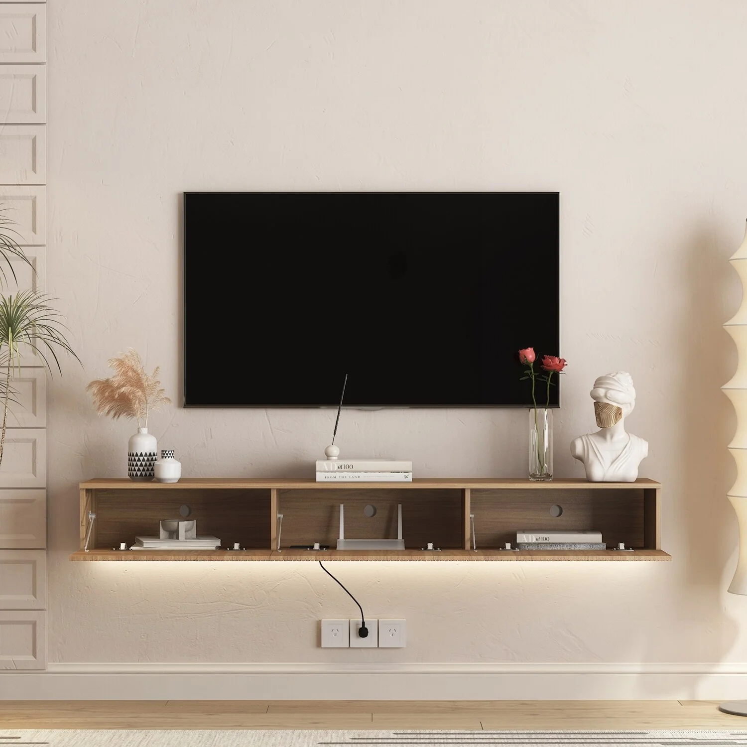 Modern Wall-Mounted TV Stand with LED Lights and Ample Storage Space