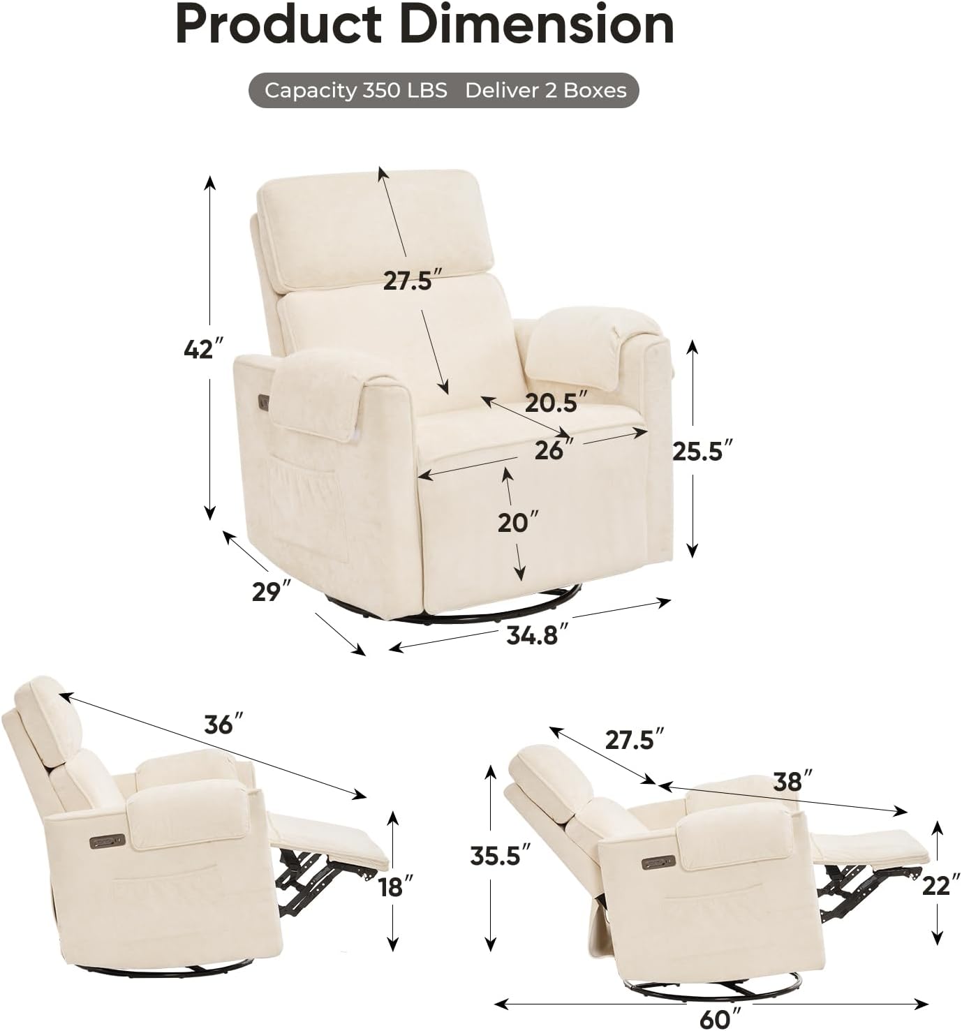 Oversized Power Recliner Chair, 26 Extra Wide Swivel Rocker Recliner with Adjustable Headrest, Chenille Glider Rocking Nursery Chair with Overstuffed Armrest, USB Ports, Cream