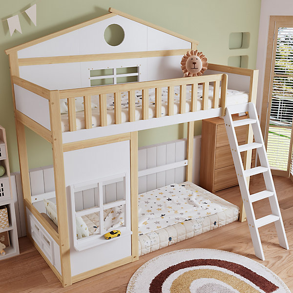 Lit superposé enfant 90x200cm,avec fenêtre supérieure,rampe antichute pour escalier,espace inférieur modulable,blanc et naturel