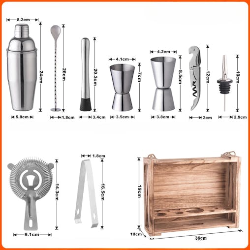 NNEOBA 11PC Bartender Cocktail Shaker Mixer Kit with Wooden Shelf