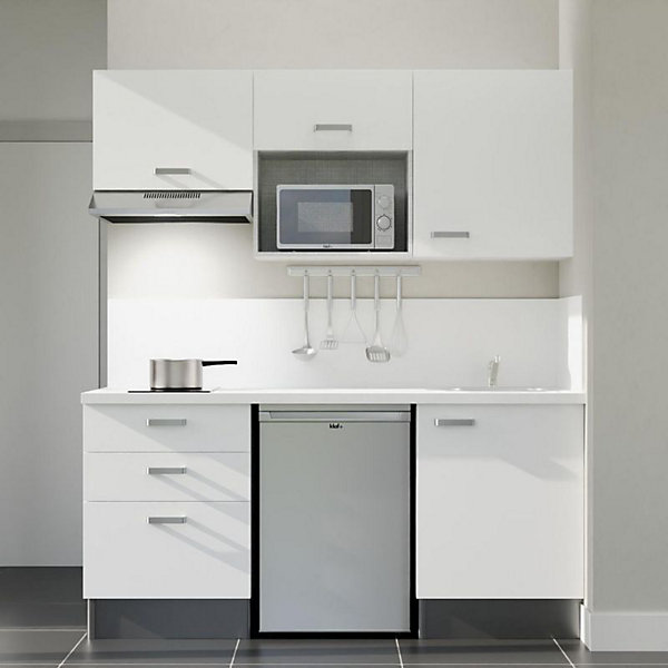 Kitchenette K20 façades Blanc - Plan de travail Blanc - Crédences : Oui - Evier inox - Electroménager Inox inclus