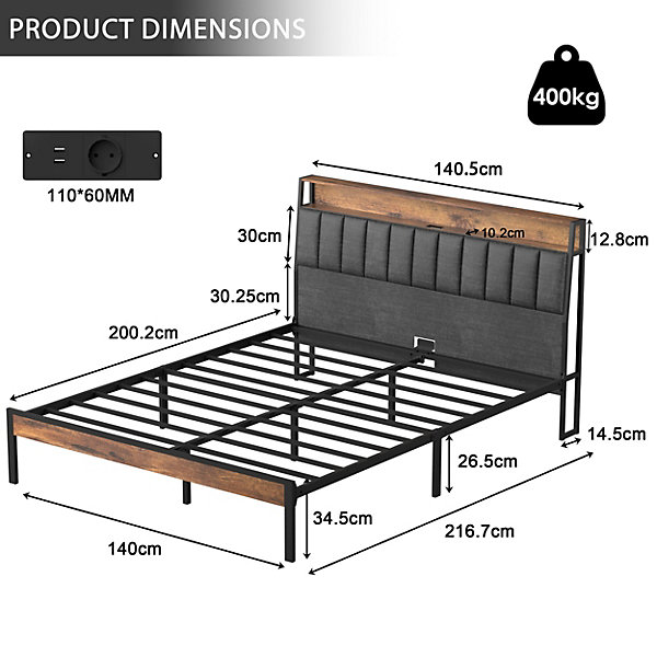Cadre de lit 140 x 200 avec Base en métal, lit 2 Personnes, avec lumières LED et Prises Multiples (1 Prise AC, 2 Ports USB), avec