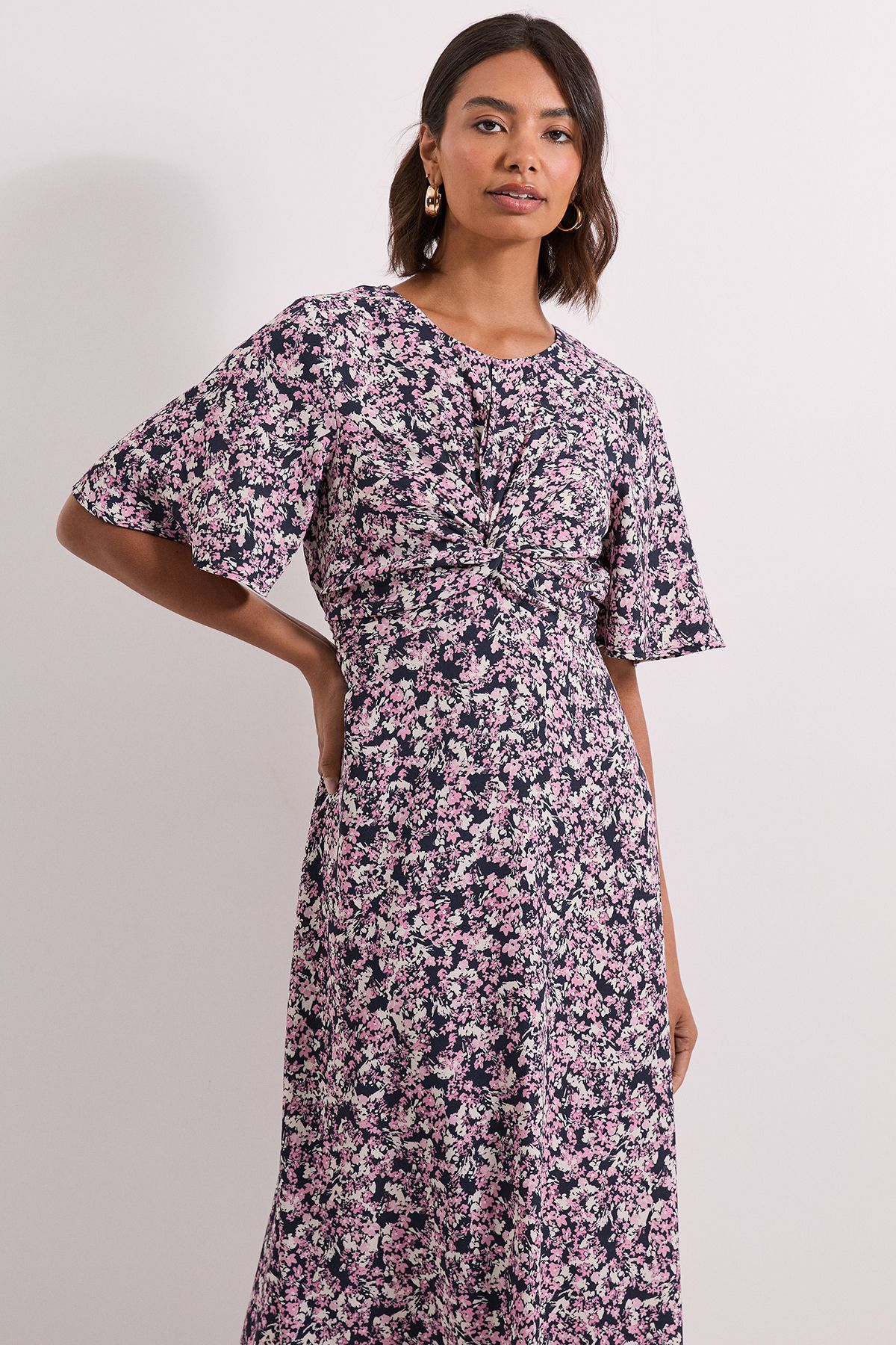 Dorothy Perkins Pink Floral Twist Front Angel Sleeve Midi Dress