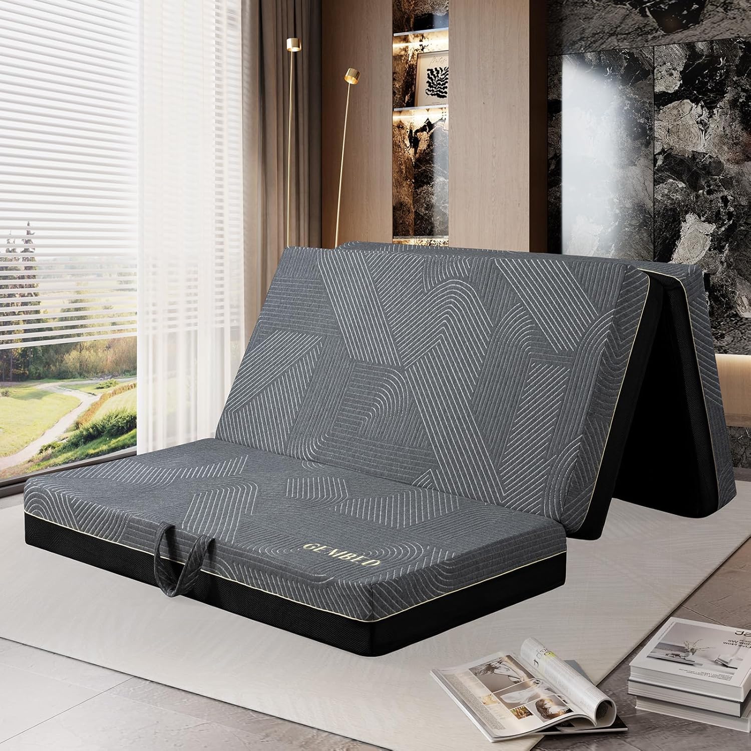 Tri Folding Mattress Queen Size - Memory Foam Tri-fold Handle & Non-Slip Bottom, Portable Foldable Sofa Bed Floor Chair for Travel RV Camping Guest Yoga - 6 Inch, 78x58x6