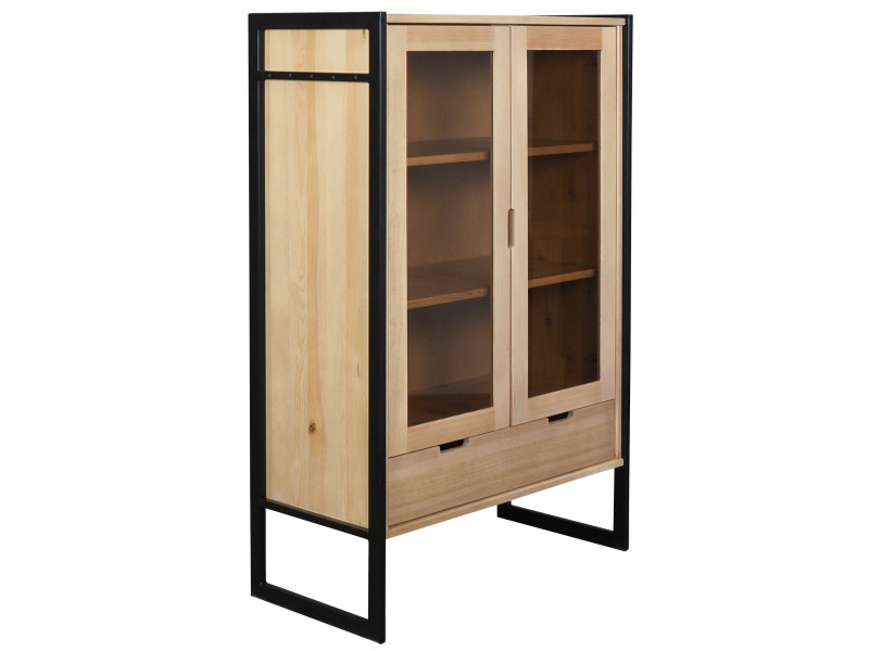 Witryna Loft wood drewniana, kolor dębowy, szkło dymione
