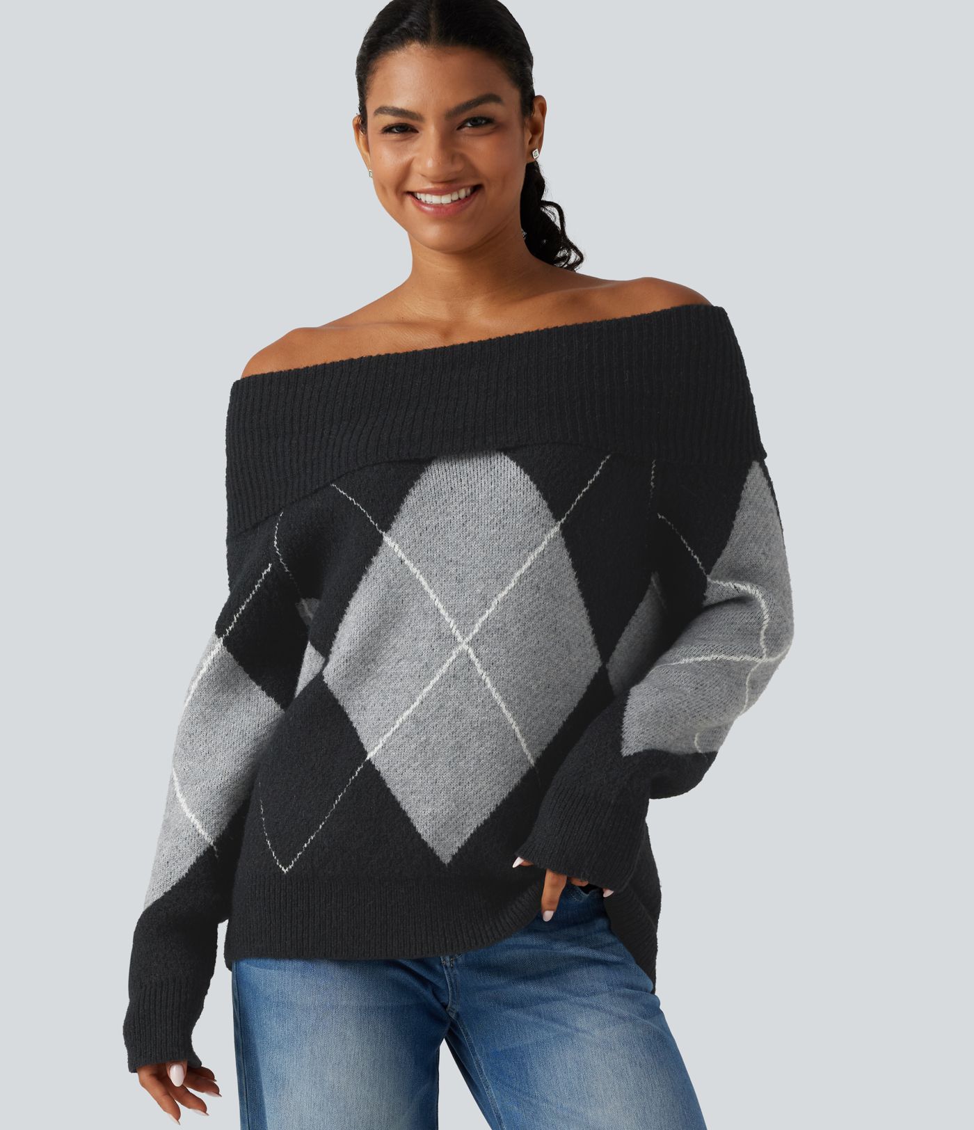 Pull à épaules dénudées, manches longues et motif argyle