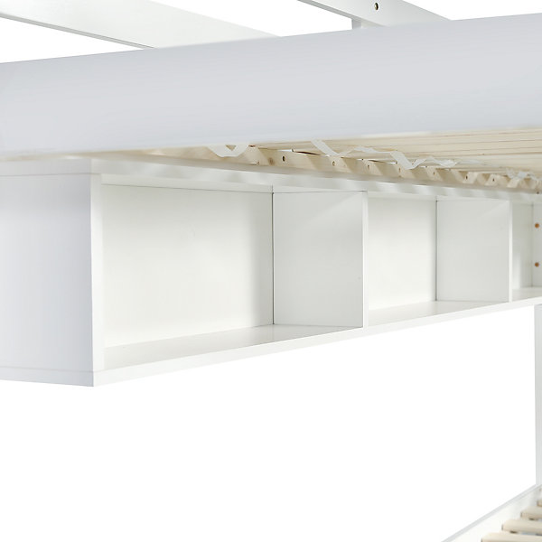 Lit superposé 90x200 cm avec fenêtres, rideaux, étagères, sécurité, cadre bois, blanc,rose